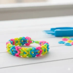 A thick, six-pin wide Hexafish bracelet, demonstrating the broader width compared to other kinds of loom bracelets and requiring more rubber bands.