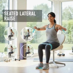 Targeting shoulder muscles with lateral raises in a series of resistance band sitting exercises.