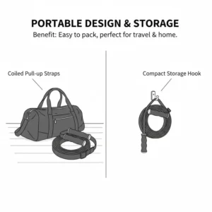 Illustration 6 (Portability): A compact view of folded pull up straps with handles showing how they fit easily into a fitness travel bag.