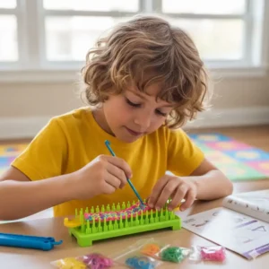 A young child happily engaged in making a bracelet with one of the rainbow loom sets, demonstrating the hands-on and creative nature of the toy.