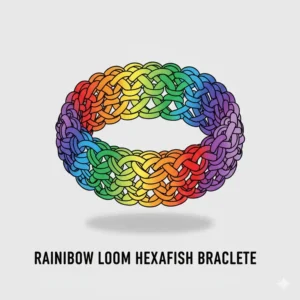 Display of a finished chunky Hexafish bracelet, also known as the triple fishtail, showcasing the layered look of these rainbow loom different bracelets created on a loom.