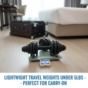 A pair of compact dumbbells on a digital scale to prove they are the best travel weights for flying.