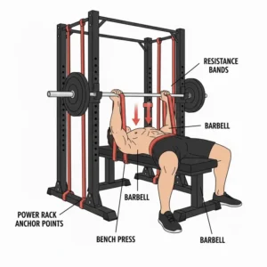 Illustration demonstrating an alternative setup for a bench band press, such as attaching the bands to a power rack.