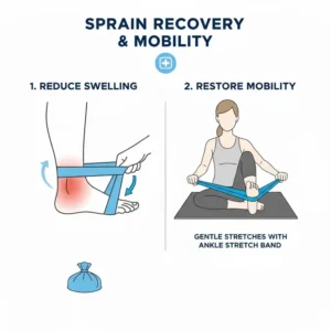 A visual demonstrating an athlete using the ankle stretch band as an essential physical therapy tool for sprain recovery and mobility.