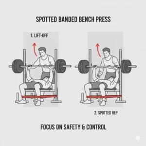 Demonstrating a safe hand-off with a spotter while training with a heavy barbell loaded with a bench press support band to prevent injury.