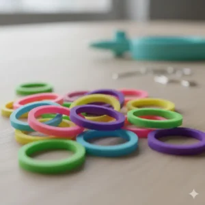 Extreme close-up of the smooth, high-quality rubber texture of individual bands sold at the loom band shop.