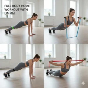 A comprehensive home gym setup showing various full-body exercises performed with limm exercise bands.