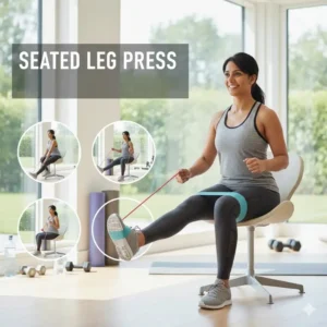 A detailed diagram of a seated leg press using resistance band sitting exercises for seniors or beginners.