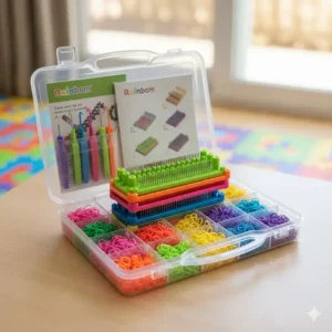 A convenient carrying case designed to hold multiple rainbow loom sets, including the loom, bands, and instruction manuals for travel.