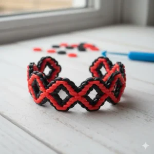 A photograph of a wide Cuff design, showcasing the possibility of making expansive, patterned kinds of loom bracelets for a bold statement.