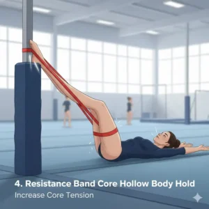 An illustration showing how to use gymnastics resistance bands to improve oversplit flexibility and hip mobility.