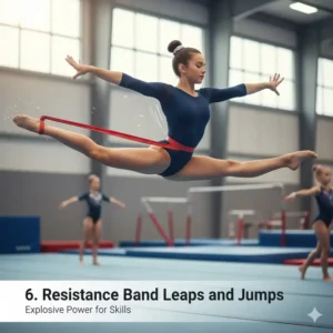 Diagram of a gymnast using a long loop gymnastics resistance bands to build upper body strength for uneven bars.