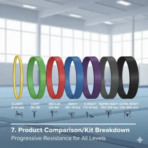 A gymnast maintaining a hollow body position with gymnastics resistance bands anchored to increase core tension.