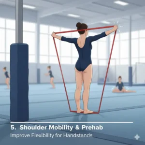 Illustration of shoulder "pass-throughs" using gymnastics resistance bands to improve flexibility for handstands.