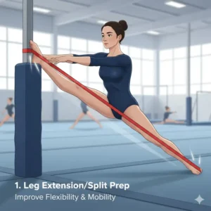 Action illustration of a gymnast performing a split leap while wearing gymnastics resistance bands for explosive power.