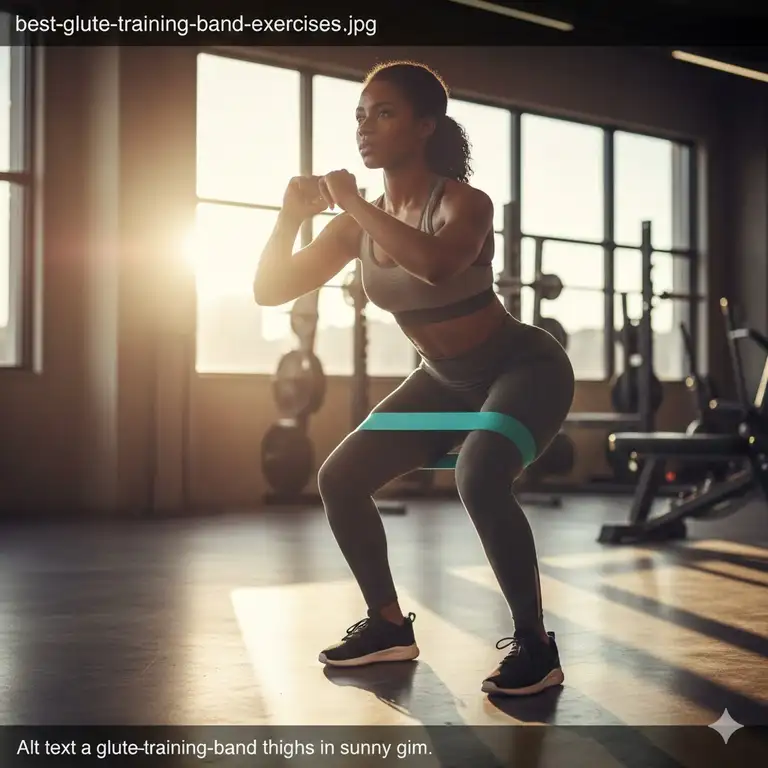 A fitness model performing deep squats using a fabric glute training band in a bright gym setting.