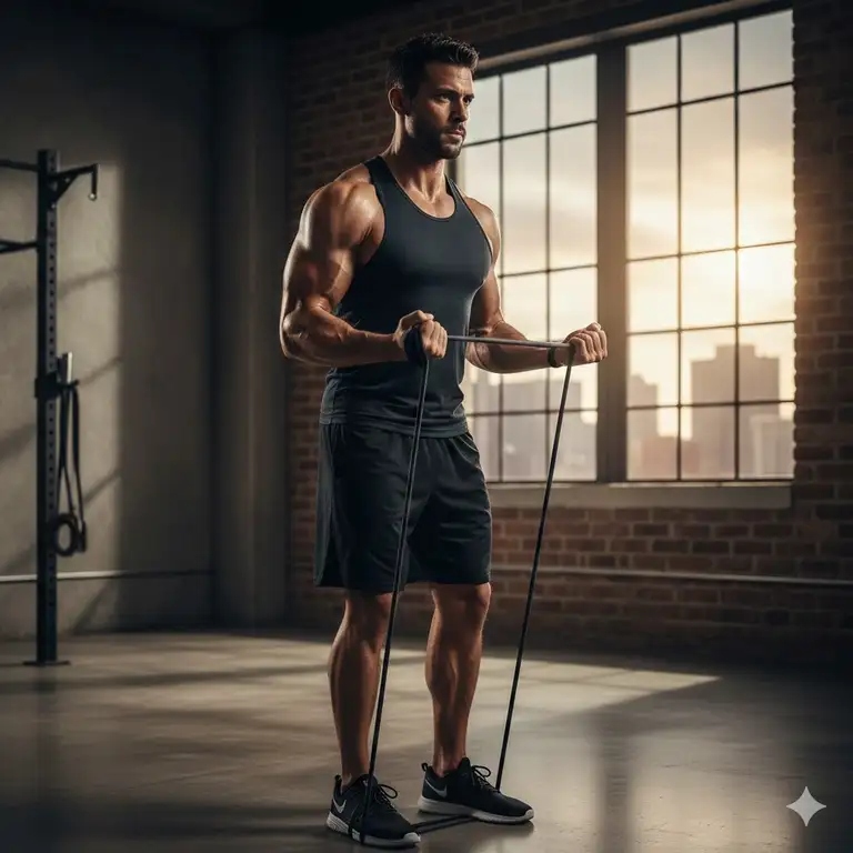 A person performing a standing bicep curl using a heavy-duty black exercise band for resistance training.