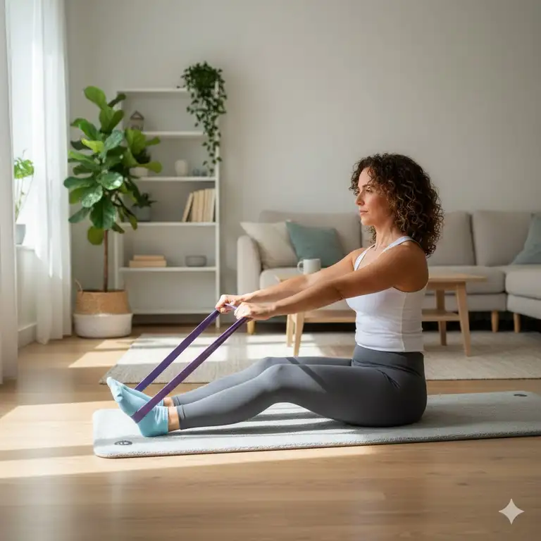 A woman practicing a full body workout using pilates bands at home in a bright living room.
