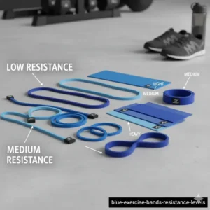An infographic showing various resistance levels of blue exercise bands from light to heavy.
