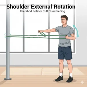 A man demonstrating external rotation as part of his theraband shoulder exercises routine.