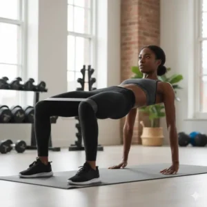 An athlete practicing glute bridges with a black exercise band looped around their thighs to increase resistance.