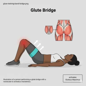 A technical diagram of a person performing a glute bridge with a glute training band around the thighs.