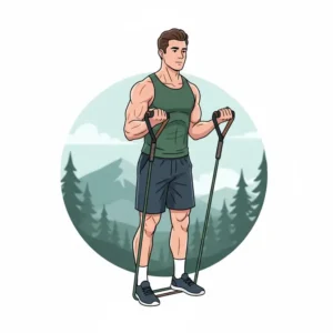 An illustration of a man performing bicep curls with high-quality mountain resistance bands.