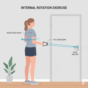 Person performing internal rotation exercises using shoulder rehabilitation bands anchored to a door.