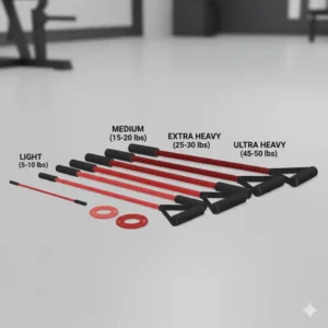 A full set of red resistance bands laid out showing different thickness levels and resistance weights.