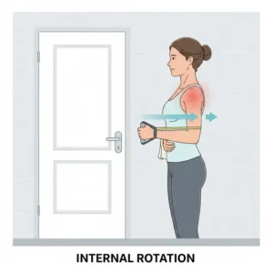 Person performing internal rotation movements with a yellow rotator cuff resistance band attached to a door.