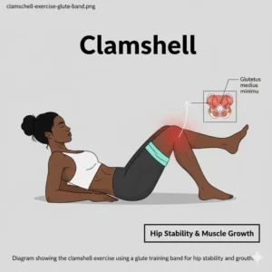 An instructional drawing of the clamshell exercise using a resistance glute training band for hip stability.