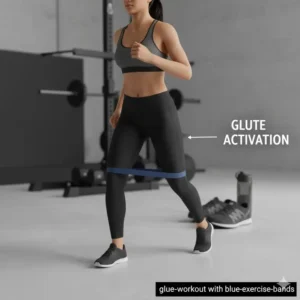 A person performing a lower body workout using blue exercise bands for resistance.