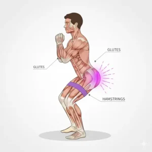 An anatomical diagram showing glute activation while using a purple exercise band.