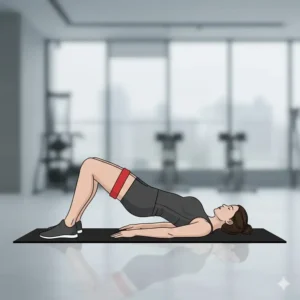 An illustration of a woman performing a glute bridge using a red resistance bands loop around her knees.