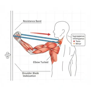 Close-up illustration of the correct arm posture for external rotation using a rotator cuff resistance band.