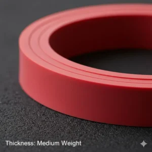 A detailed close up showing the durable material of a red resistance band weight.