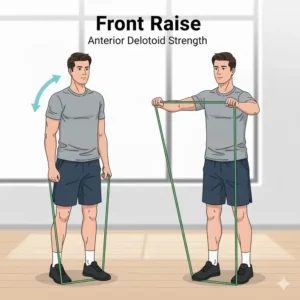 Step-by-step illustration of front raises during theraband shoulder exercises.