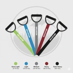 A complete set of mountain resistance bands showing different resistance levels and colors.