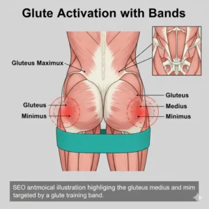 An anatomical illustration showing the muscle groups activated when using a glute training band.