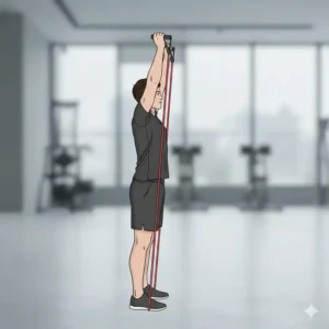 A person demonstrating an overhead shoulder press using a long red resistance bands with handles.