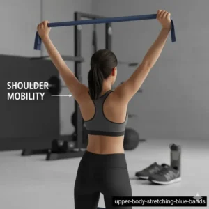 Demonstration of an upper body stretching routine using long blue exercise bands.