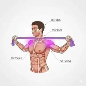 A person performing a shoulder mobility stretch with a long purple exercise band.