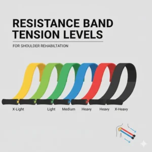 Different color-coded resistance levels available for shoulder rehabilitation bands in physical therapy.