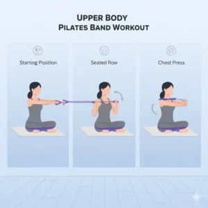 Illustration of seated rowing and upper body movements using pilates bands at home.