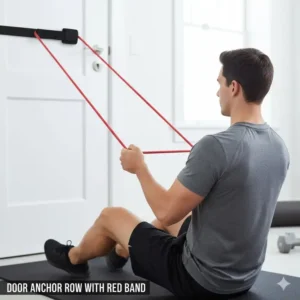 A person performing back rows with a door anchored red resistance band weight.