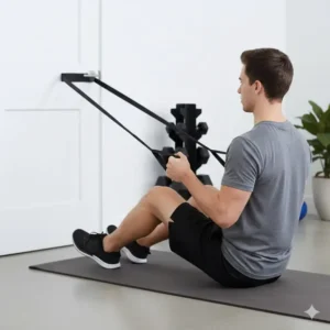 A black exercise band secured to a door anchor being used for seated rows in a home gym setting.