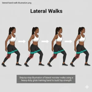 A step-by-step illustration of side-to-side lateral walks performed with a heavy glute training band.
