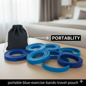A travel-friendly pouch containing a set of rolled-up blue exercise bands.
