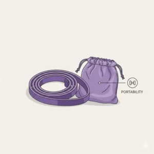 A lightweight and portable purple exercise band shown next to its travel carrying pouch.