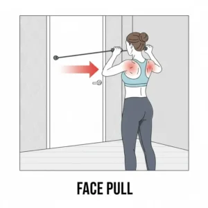 Demonstrating the face pull exercise to strengthen shoulder stability using a rotator cuff resistance band.